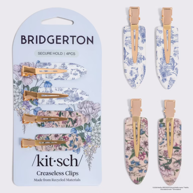a set of four creaseless cliips from the bridgerton x kitsch collection. one set is a pale blue toile pattern ad one is a wisteria pattern.