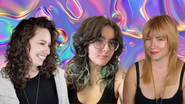 3 rad haircuts! one with a shoulder length, layered curly cut, one with a curly shag haircut, and one straight hair wolf cut shag hybrid.