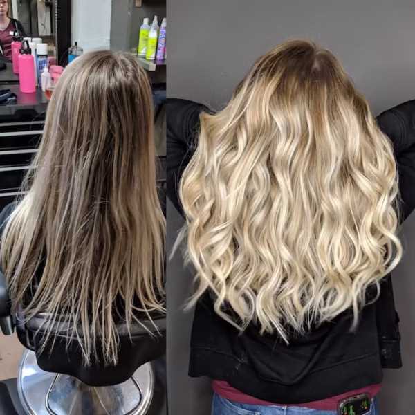 Before & after photo of a Master Reset healthy blonde using bond-building and detox treatments by Erin Reye Hair in Ukiah, CA
