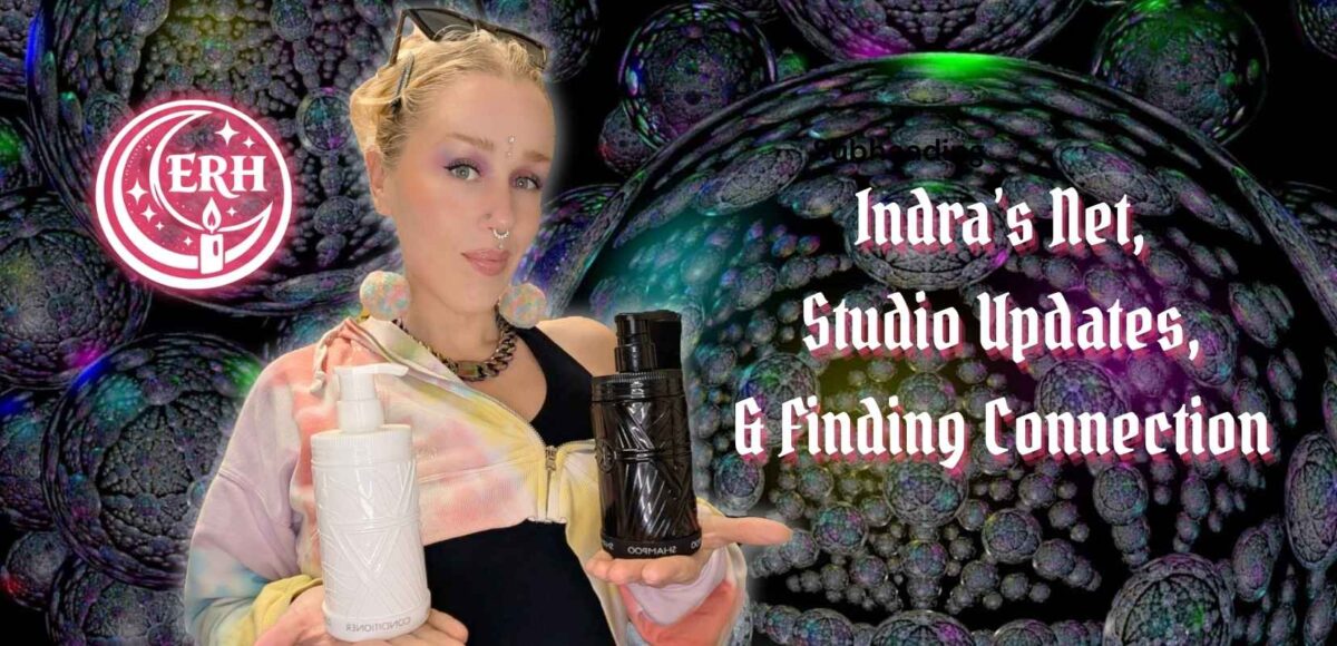 erin holds glass refillable bottles of shampoo and conditioner in front of indras net. it reads - Indras net, Studio updates, & finding connection.