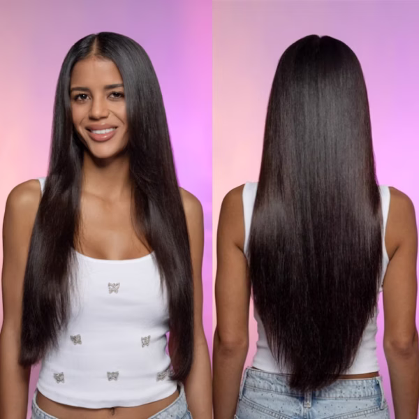 a model shows the after results of a kcrio keratin complex treatment with smoother, shinier, stronger hair