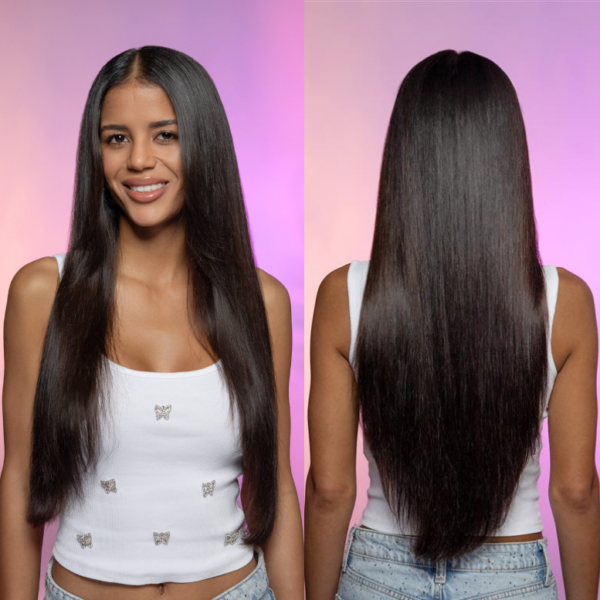 a model shows the after results of a kcrio keratin complex treatment with smoother, shinier, stronger hair