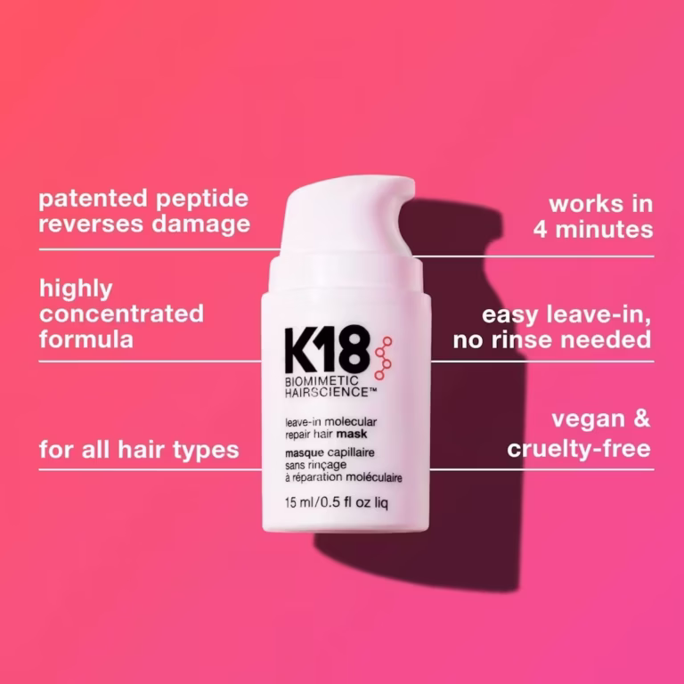 a white bottle of k18 with benefits of the product for reppairing hari