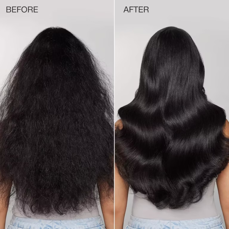 a before and after showing thick, long hair that is frizzy, dry, dull, rough and shapeless and an after of post awapuhi wild ginger internsive repair treatment that infused her shiny dakr hair with moisture and protien for shiine and strength..
