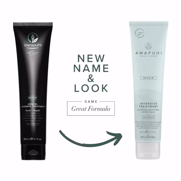 the old black packaging of the awapuhi wild ginger keratin intensive treatment, now in a light minth tube called the intensive treatment