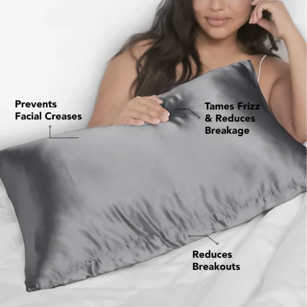 Charcoal satin king pillowcase with frizz and breakage benefit text