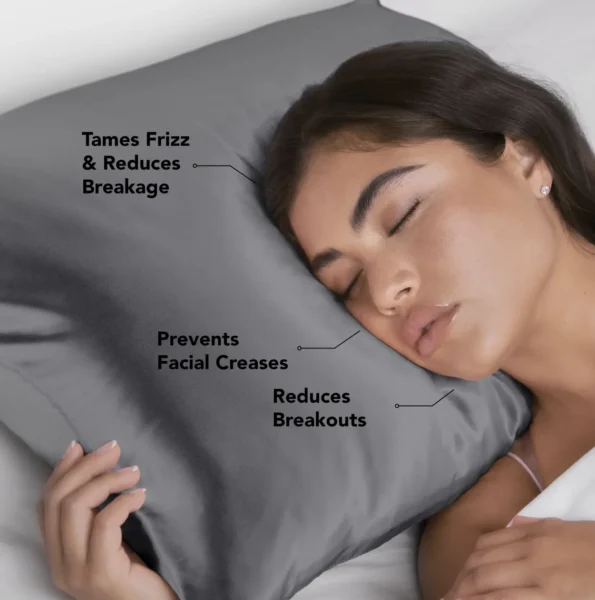 Charcoal satin pillowcase shown with hair and skin benefit text