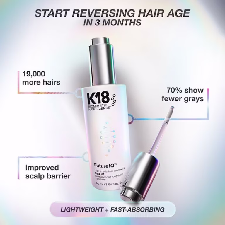 K18 Future IQ serum: Reverse hair age in 3 months. 19,000 more hairs, 70% fewer grays, and improved scalp barrier