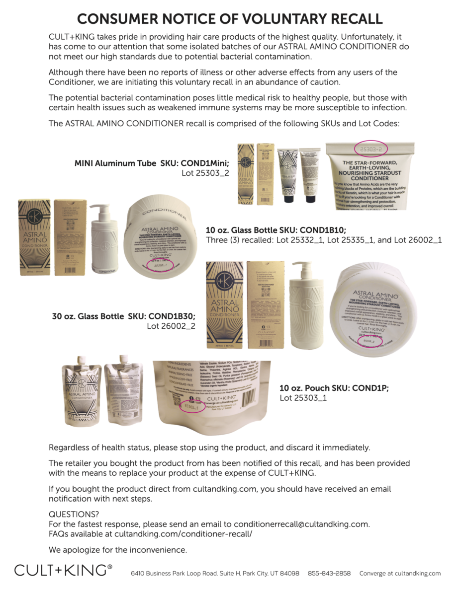 Official CULT+KING Astral Amino Conditioner recall flyer showing affected product sizes and lot codes
