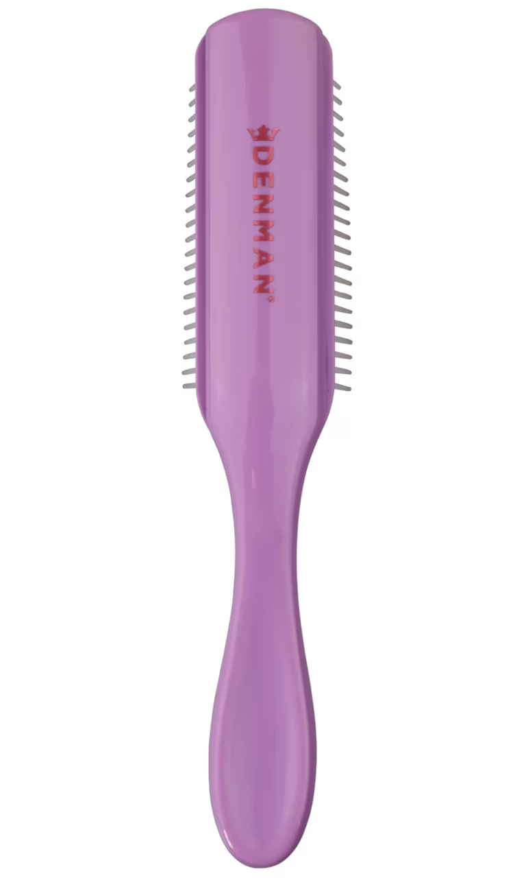 Back view of the Violet Denman D3 7-row styling brush featuring a glossy lavender handle and a metallic pink Denman logo.