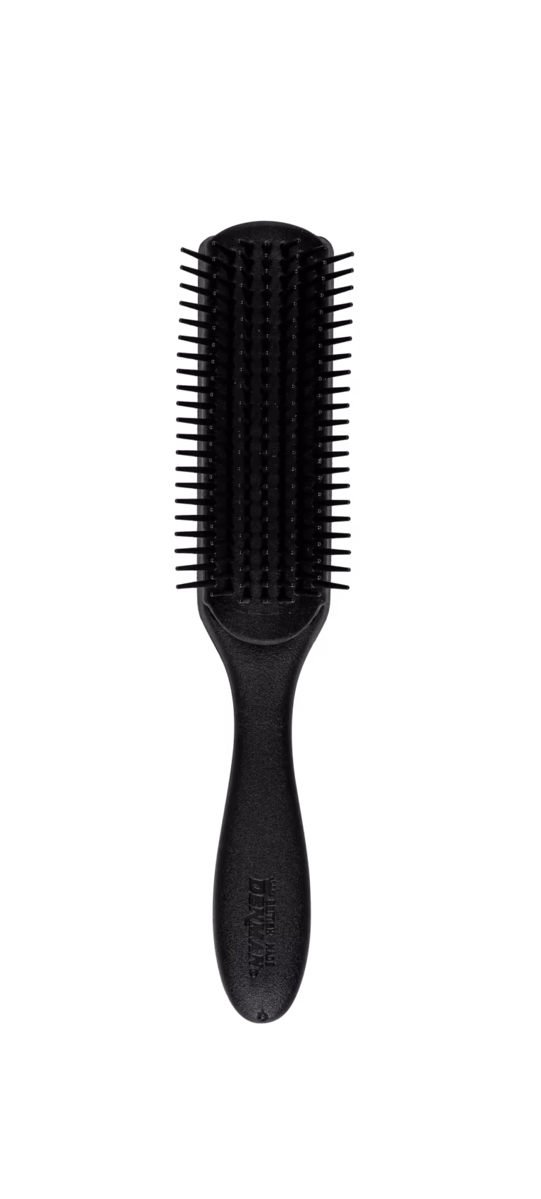 Front view of the All Black Denman D3 Original Curl Definer showing a black handle, a black anti-static rubber pad, and seven rows of black nylon pins.