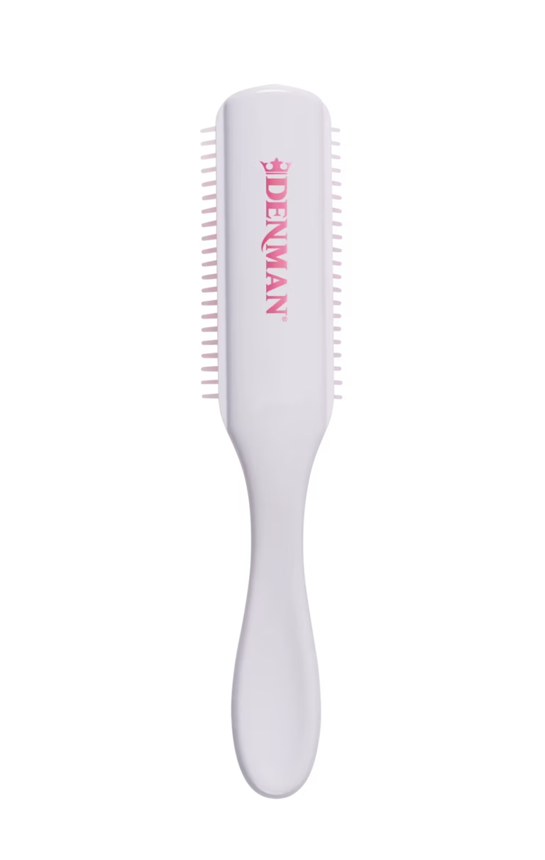 Back view of the Kyoto Cherry Blossom Denman D3 styling brush featuring a smooth white handle and a pink Denman logo.