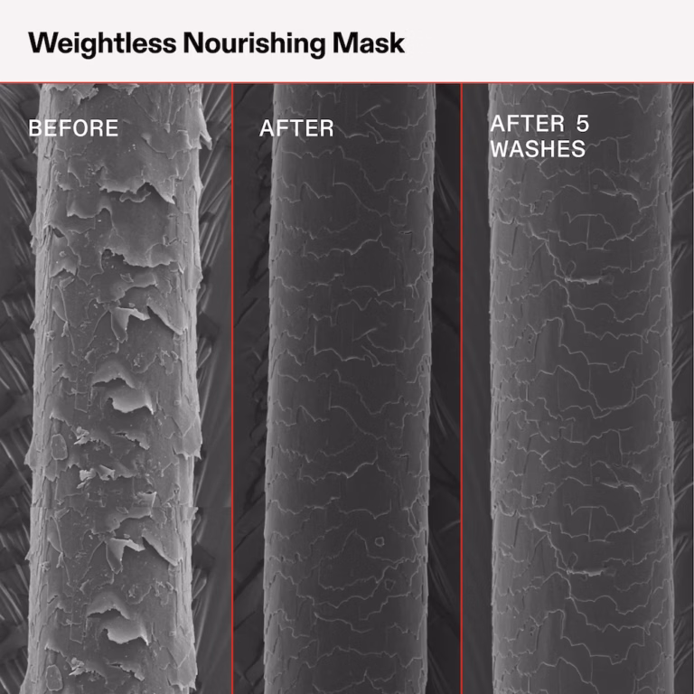 a before and after microscopic close up of hair treated with olaplex weightless nourishing mask before and after